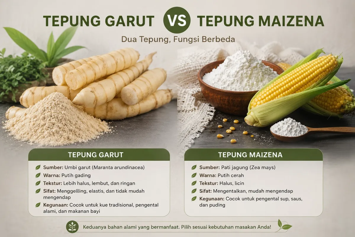 Tepung Garut vs Tepung Maizena: Perbedaan Sumber, Kegunaan Kuliner, Nutrisi, dan Panduan Memilih